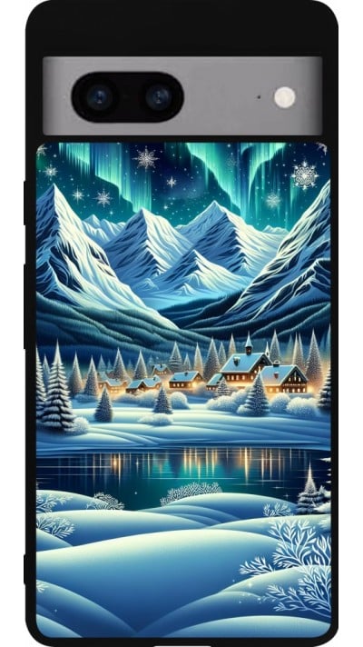 Coque Google Pixel 7a - Silicone rigide noir Snowy Mountain Village Lake night