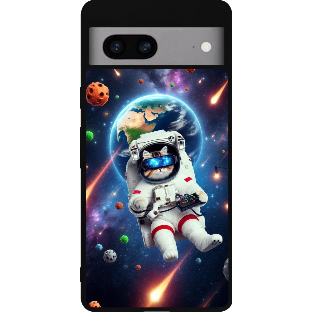 Coque Google Pixel 7a - Silicone rigide noir VR SpaceCat Odyssey