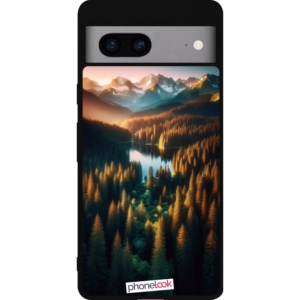 Google Pixel 7a Case Hülle - Silikon schwarz Sonnenuntergang Waldsee