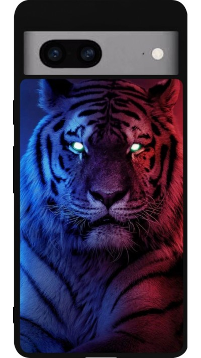 Coque Google Pixel 7a - Silicone rigide noir Tiger Blue Red