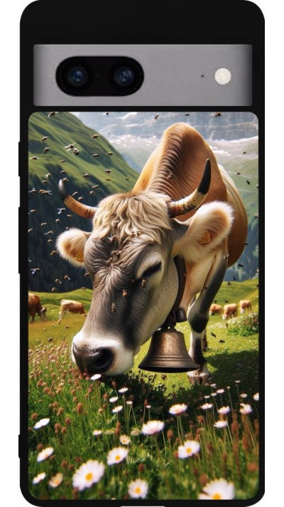 Coque Google Pixel 7a - Silicone rigide noir Vache montagne Valais