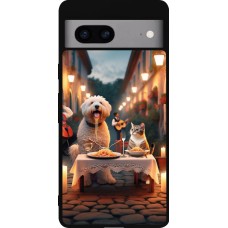 Coque Google Pixel 7a - Silicone rigide noir Valentine 2024 Dog & Cat Candlelight