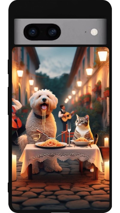 Coque Google Pixel 7a - Silicone rigide noir Valentine 2024 Dog & Cat Candlelight