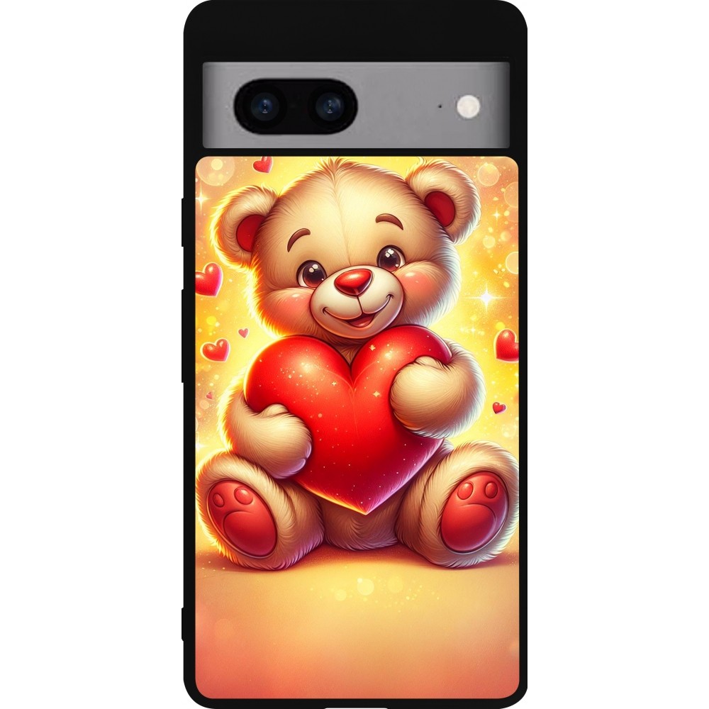 Coque Google Pixel 7a - Silicone rigide noir Valentine 2024 Teddy love