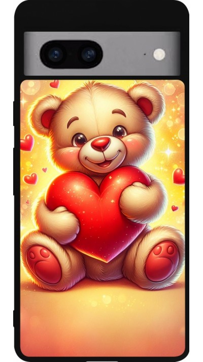 Coque Google Pixel 7a - Silicone rigide noir Valentine 2024 Teddy love