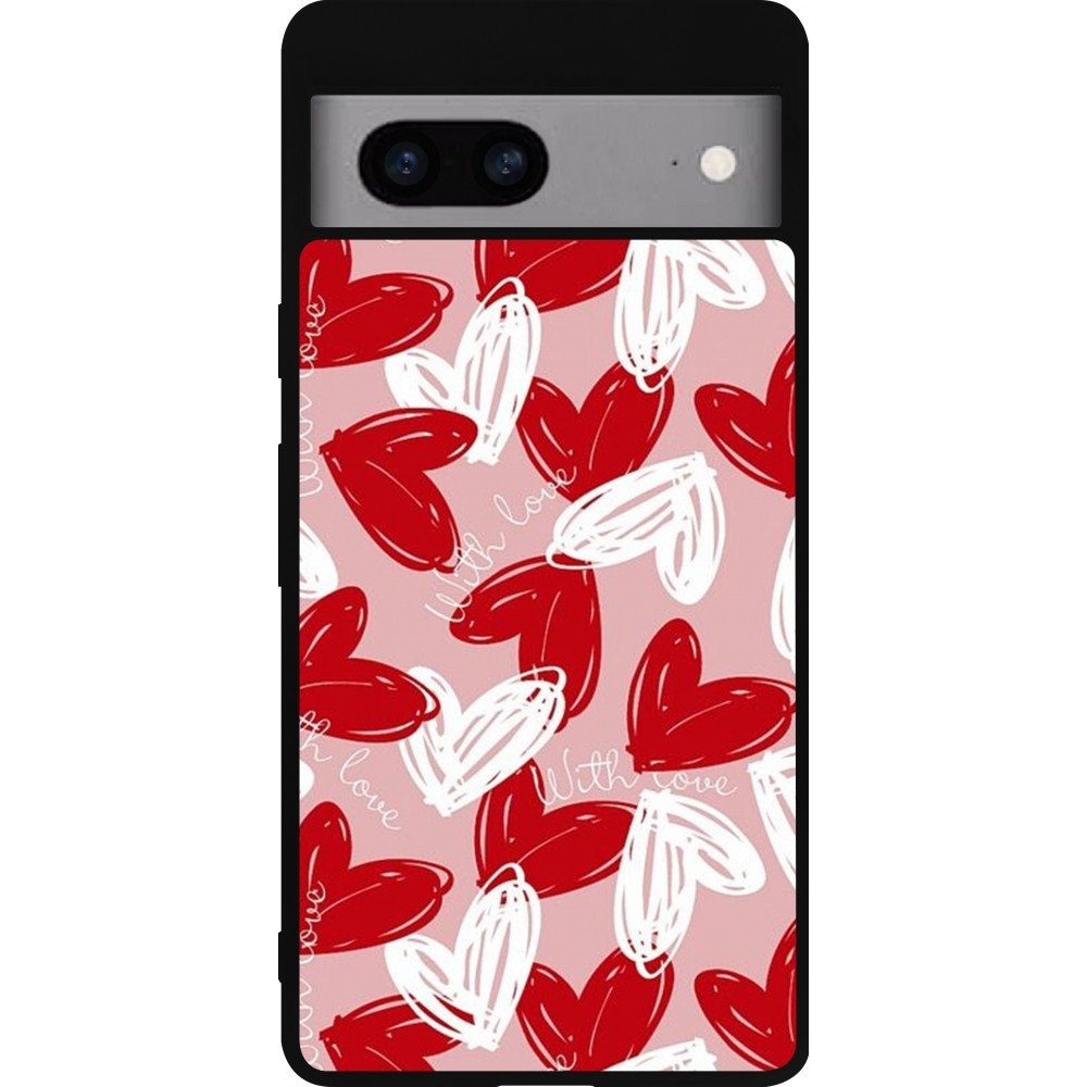 Coque Google Pixel 7a - Silicone rigide noir Valentine 2024 with love heart