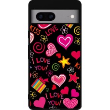 Coque Google Pixel 7a - Silicone rigide noir Valentine 2023 love symbols