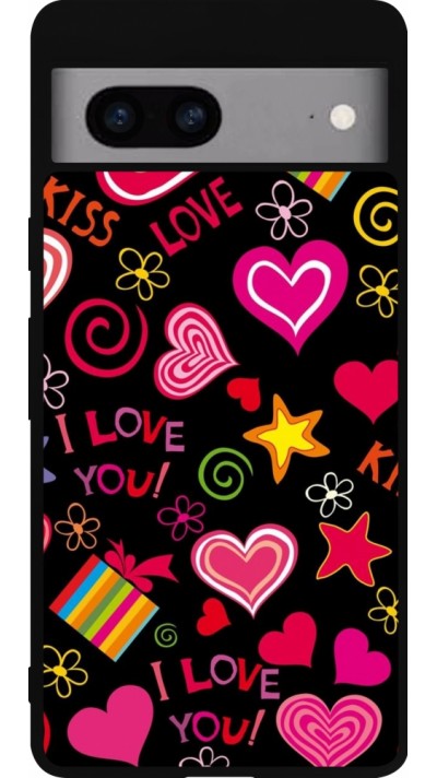 Coque Google Pixel 7a - Silicone rigide noir Valentine 2023 love symbols