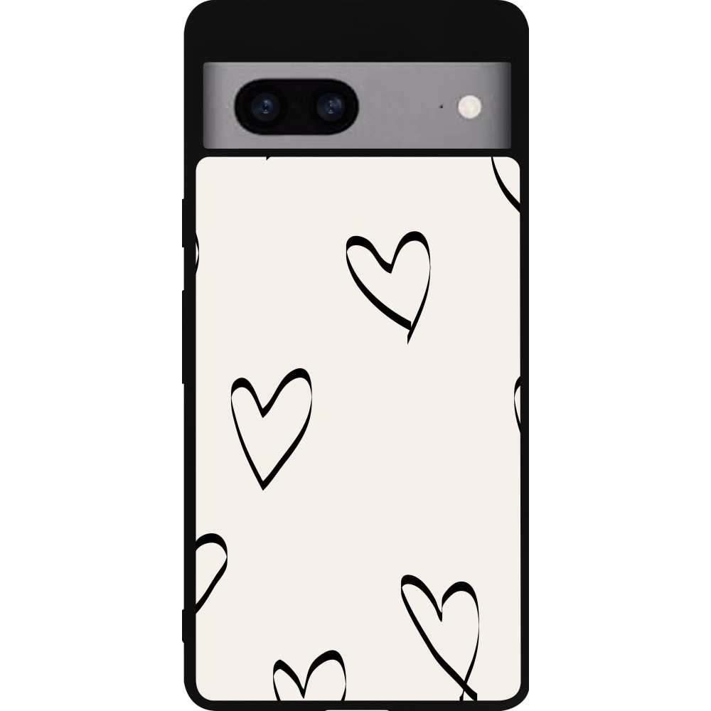 Coque Google Pixel 7a - Silicone rigide noir Valentine 2023 minimalist hearts