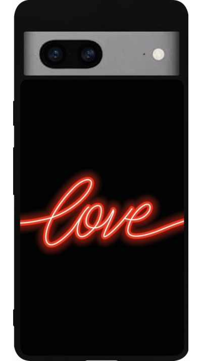 Coque Google Pixel 7a - Silicone rigide noir Valentine 2023 neon love