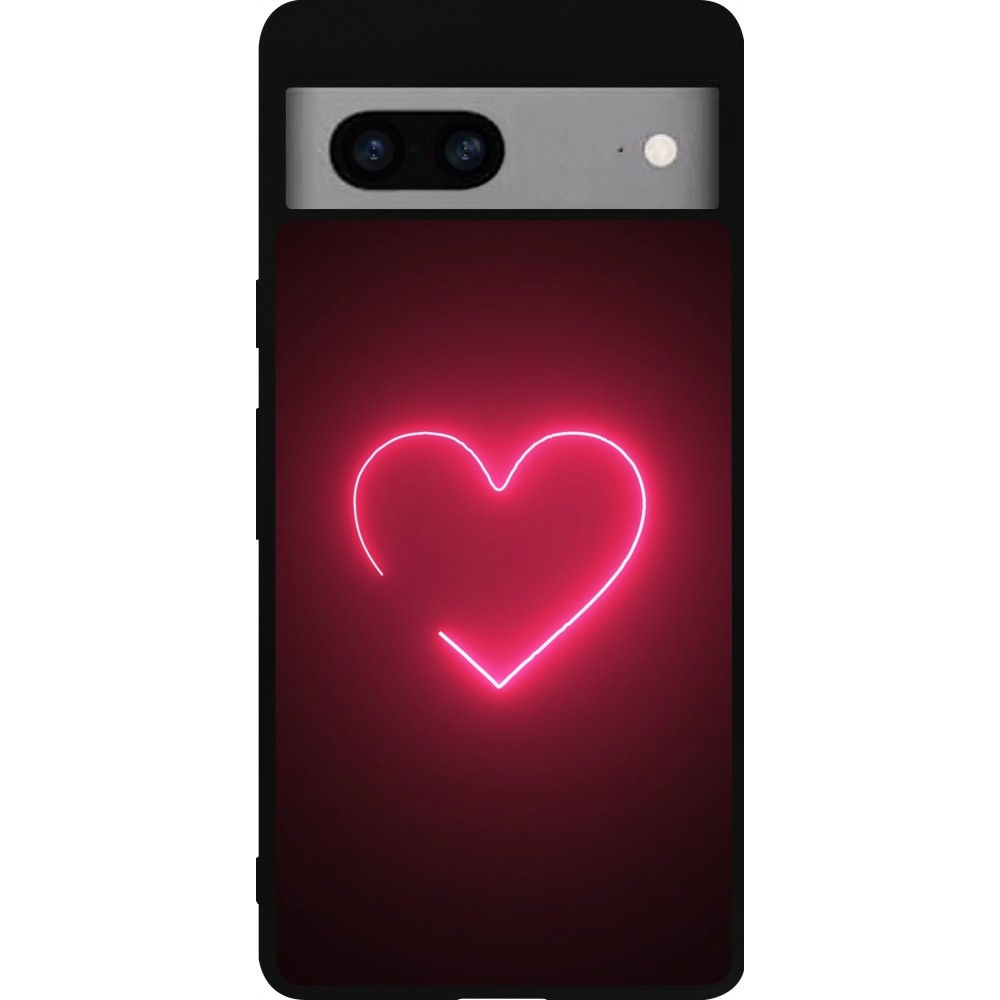 Coque Google Pixel 7a - Silicone rigide noir Valentine 2023 single neon heart