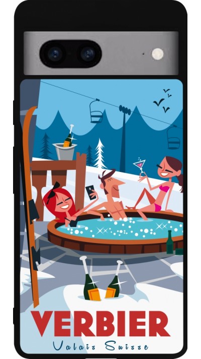 Coque Google Pixel 7a - Silicone rigide noir Verbier Mountain Jacuzzi