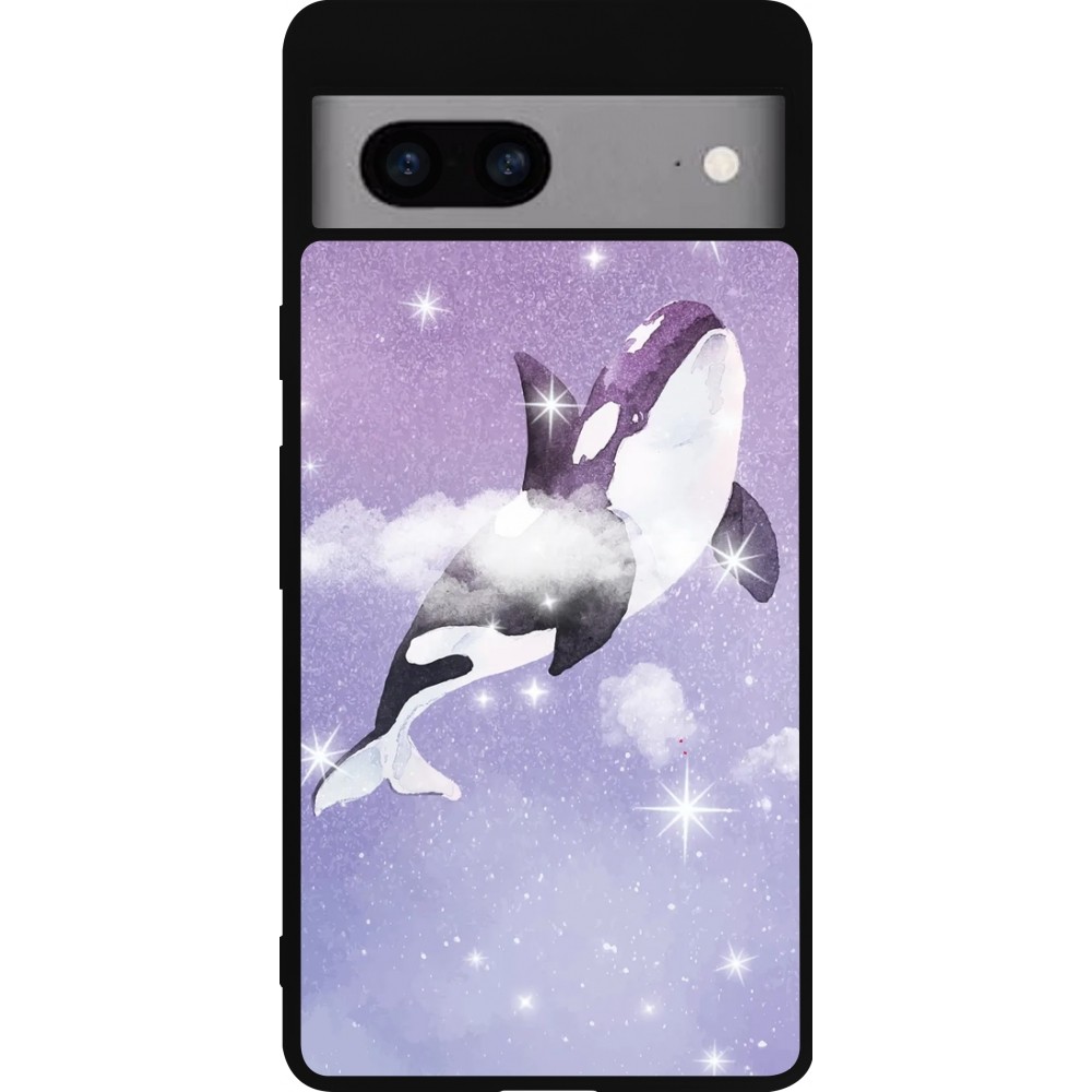 Coque Google Pixel 7a - Silicone rigide noir Whale in sparking stars