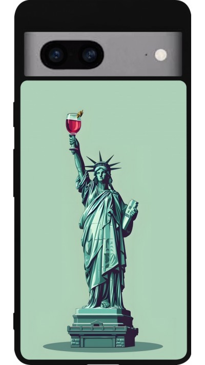 Google Pixel 7a Case Hülle - Silikon schwarz Freiheitsstatue mit einem Glas Wein