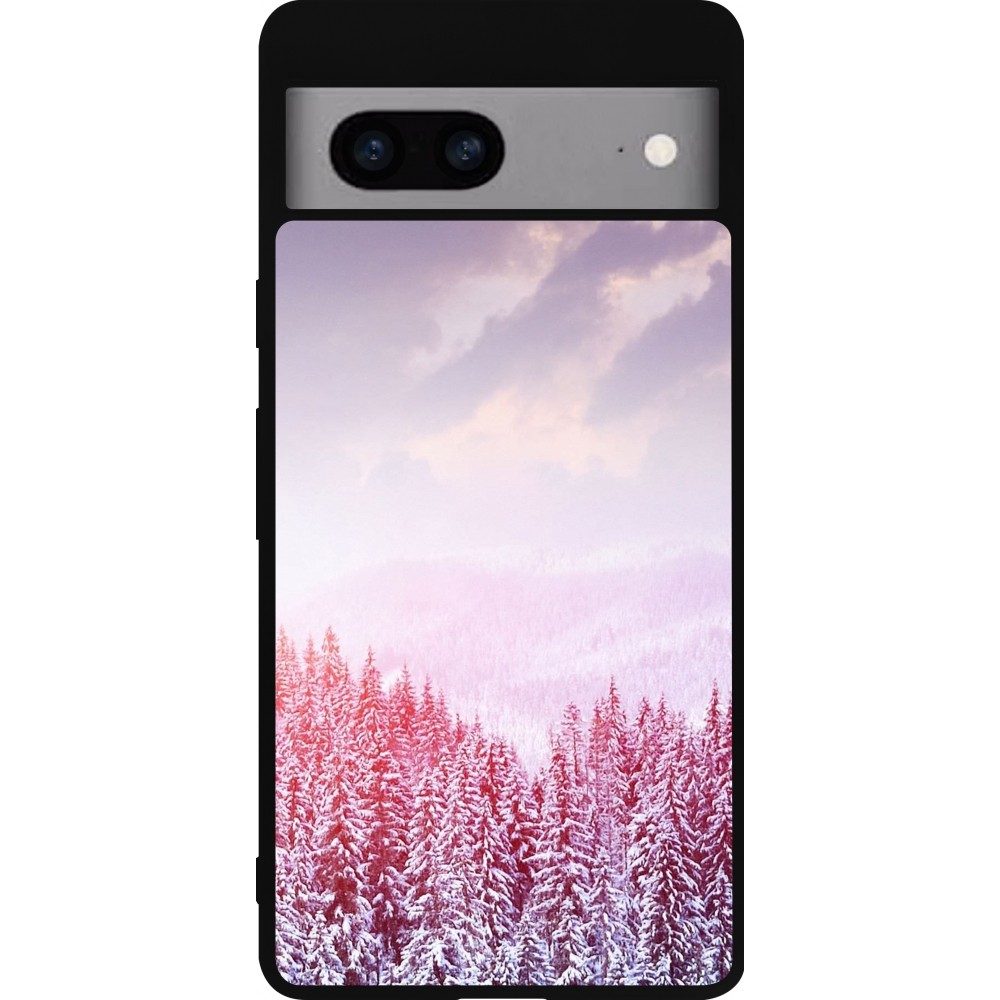 Coque Google Pixel 7a - Silicone rigide noir Winter 22 Pink Forest