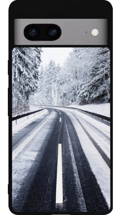 Coque Google Pixel 7a - Silicone rigide noir Winter 22 Snowy Road