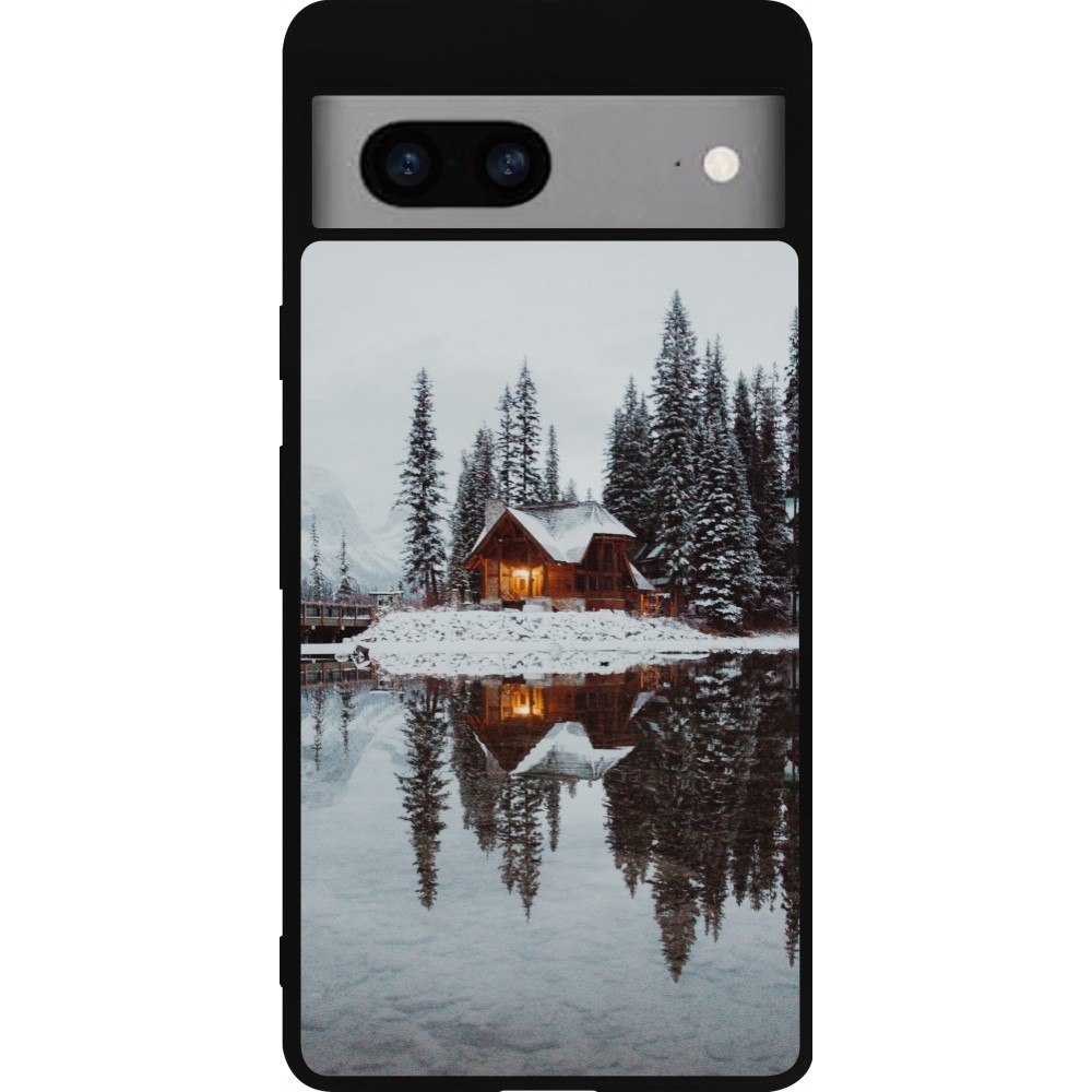 Coque Google Pixel 7a - Silicone rigide noir Winter 25 Winter house forest afternoon
