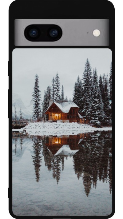Coque Google Pixel 7a - Silicone rigide noir Winter 25 Winter house forest afternoon