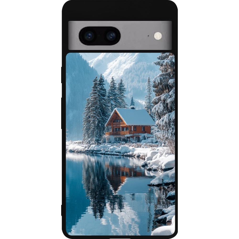 Coque Google Pixel 7a - Silicone rigide noir Winter 25 Winter house forest day