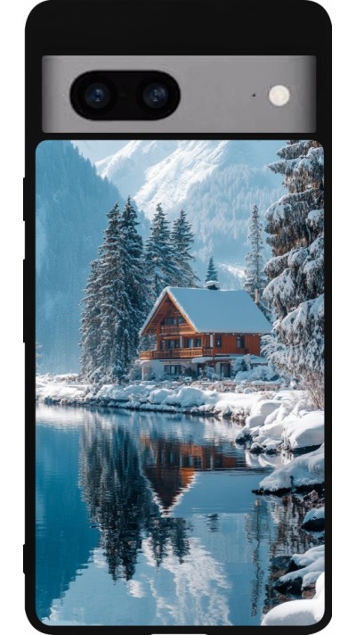 Coque Google Pixel 7a - Silicone rigide noir Winter 25 Winter house forest day
