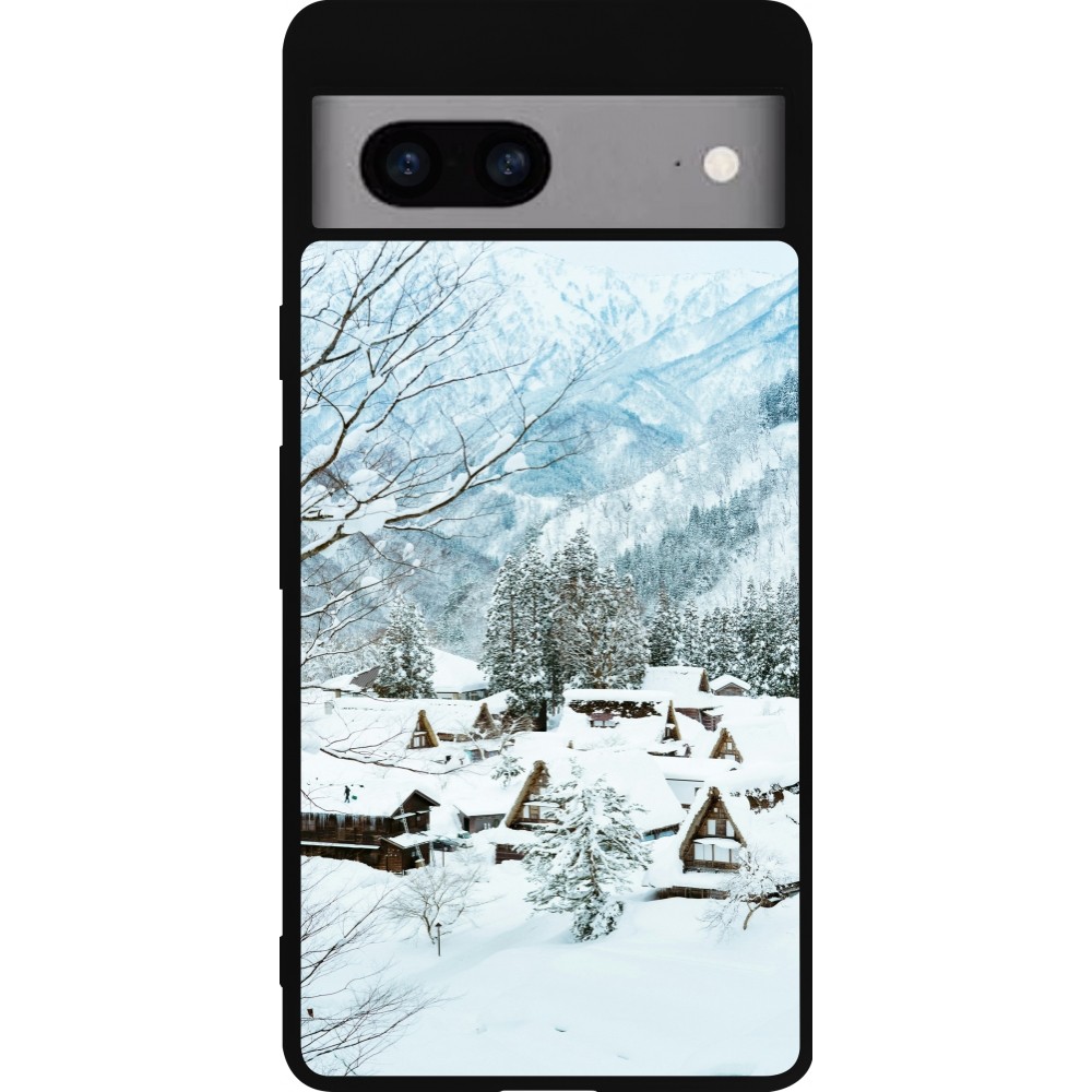 Coque Google Pixel 7a - Silicone rigide noir Winter 25 Winter snowy landscape