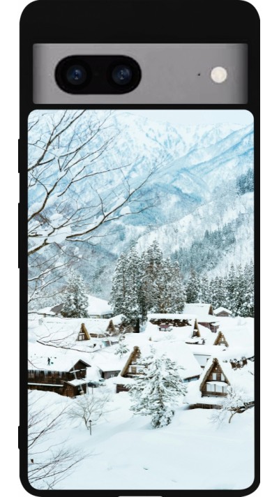Coque Google Pixel 7a - Silicone rigide noir Winter 25 Winter snowy landscape