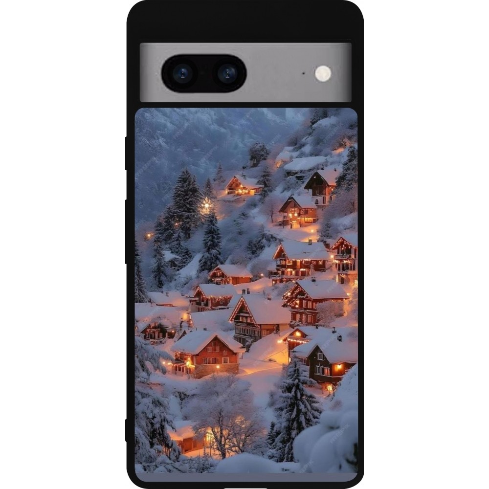 Coque Google Pixel 7a - Silicone rigide noir Winter 25 Winter snowy village