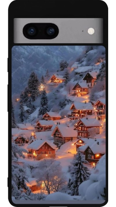 Coque Google Pixel 7a - Silicone rigide noir Winter 25 Winter snowy village