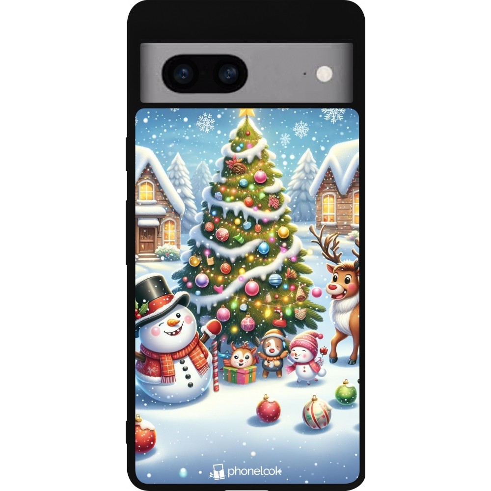 Google Pixel 7a Case Hülle - Silikon schwarz Weihnachten 2023 Schneemann und Tannenbaum