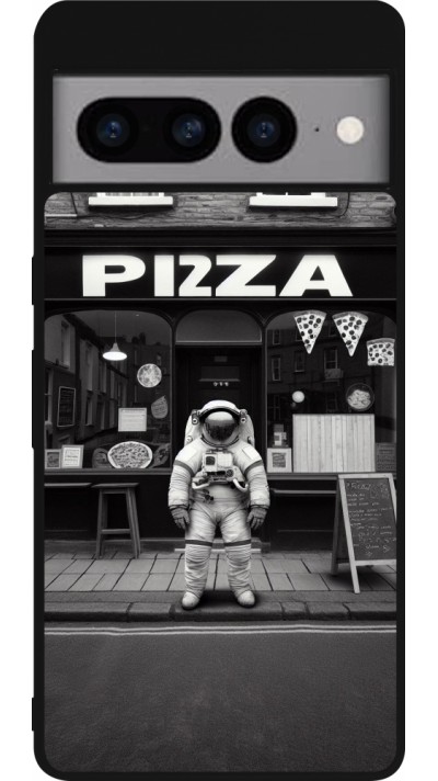 Coque Google Pixel 7 Pro - Silicone rigide noir Astronaute devant une Pizzeria