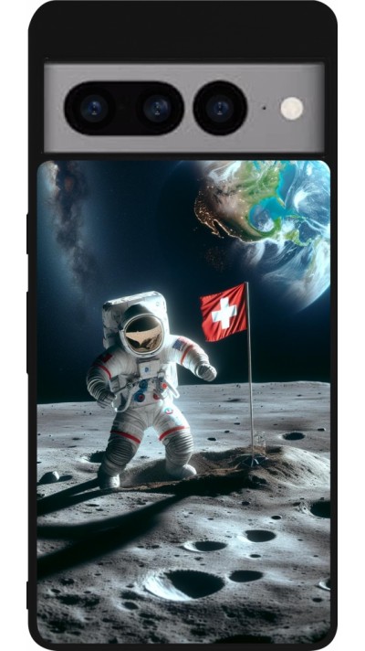 Coque Google Pixel 7 Pro - Silicone rigide noir Astro Suisse sur lune