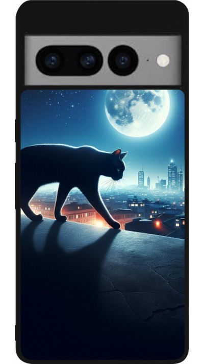 Coque Google Pixel 7 Pro - Silicone rigide noir Chat noir sous la pleine lune