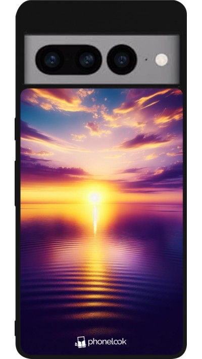 Coque Google Pixel 7 Pro - Silicone rigide noir Coucher soleil jaune violet