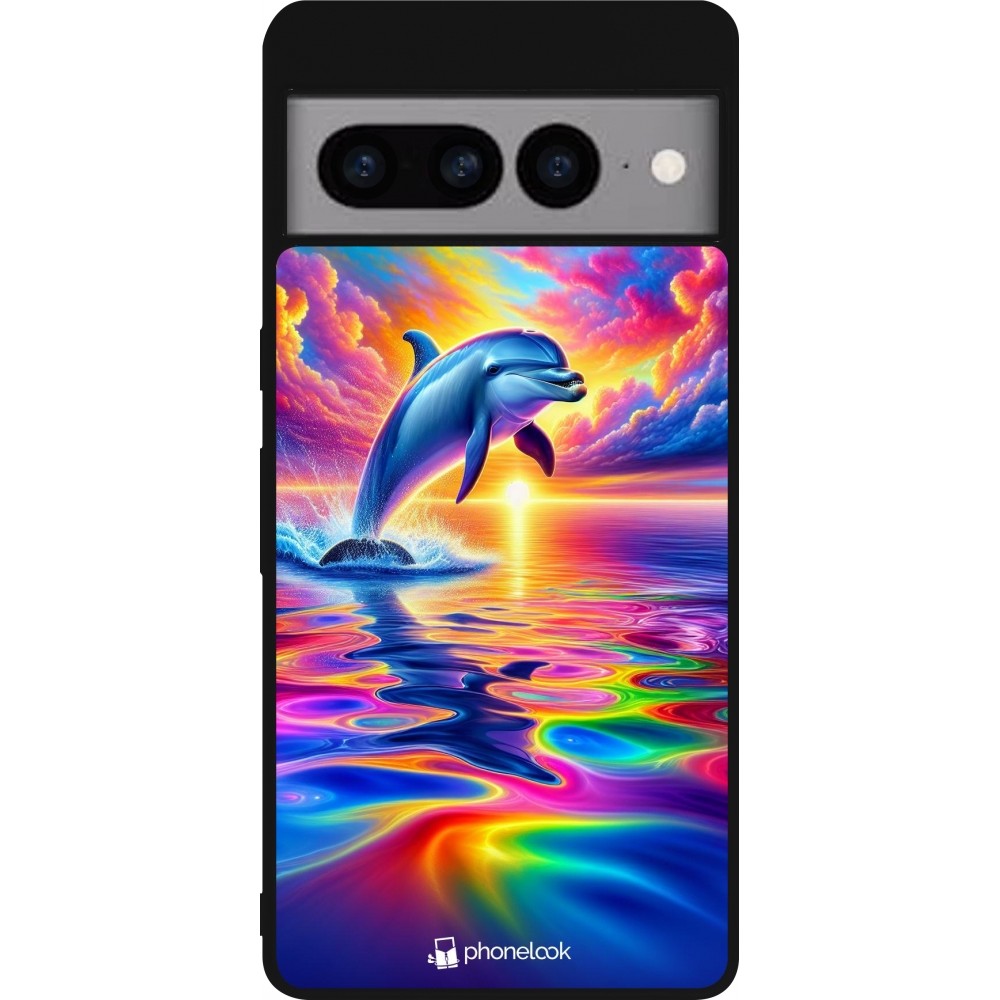Coque Google Pixel 7 Pro - Silicone rigide noir Dauphin arc-en-ciel heureux