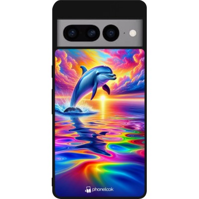Coque Google Pixel 7 Pro - Silicone rigide noir Dauphin arc-en-ciel heureux