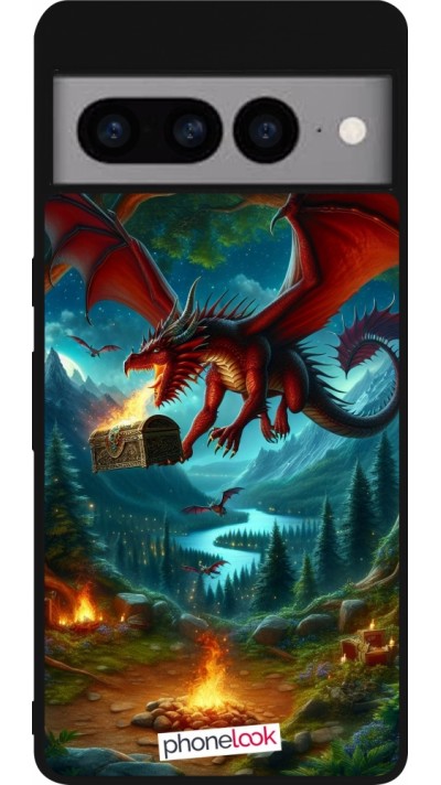 Coque Google Pixel 7 Pro - Silicone rigide noir Dragon Volant Forêt Trésor