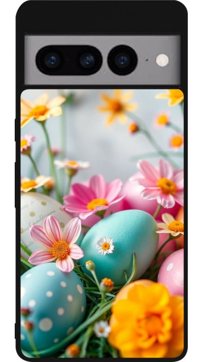 Coque Google Pixel 7 Pro - Silicone rigide noir Easter 2026 Eggs with flowers