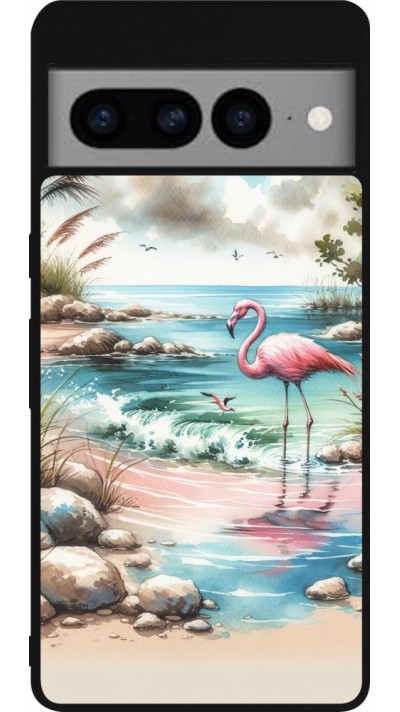 Coque Google Pixel 7 Pro - Silicone rigide noir Flamant rose aquarelle