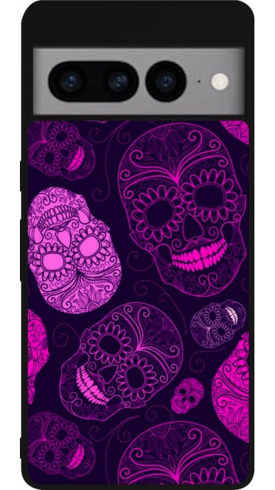 Coque Google Pixel 7 Pro - Silicone rigide noir Halloween 2023 pink skulls