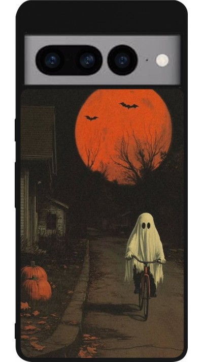 Coque Google Pixel 7 Pro - Silicone rigide noir Halloween 2025 Ghost on a bicycle