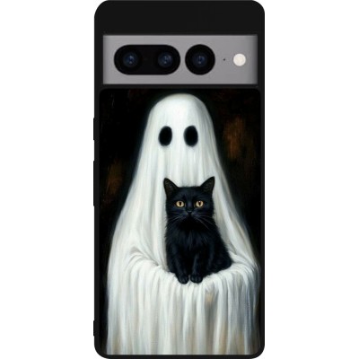 Coque Google Pixel 7 Pro - Silicone rigide noir Halloween 2025 Ghost with black cat