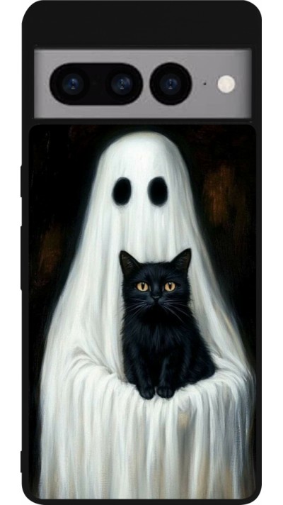 Coque Google Pixel 7 Pro - Silicone rigide noir Halloween 2025 Ghost with black cat