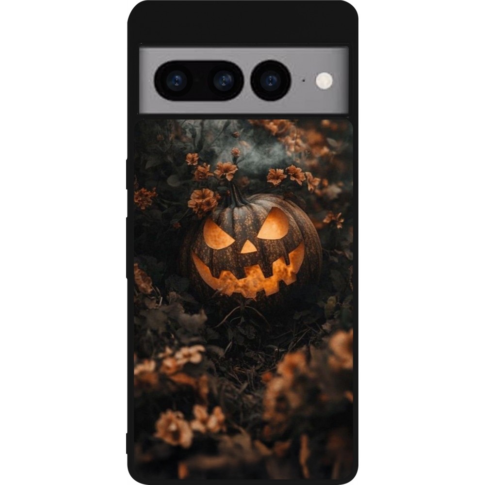 Coque Google Pixel 7 Pro - Silicone rigide noir Halloween 2025 Pumpkin with flowers