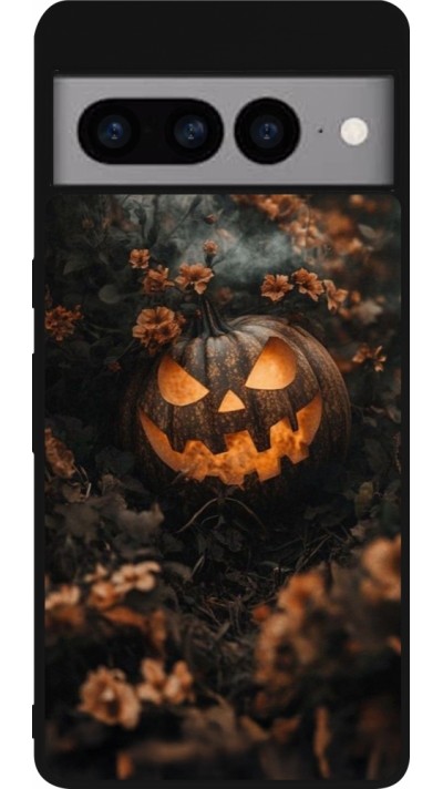 Coque Google Pixel 7 Pro - Silicone rigide noir Halloween 2025 Pumpkin with flowers