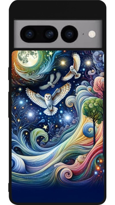 Coque Google Pixel 7 Pro - Silicone rigide noir hibou volant floral