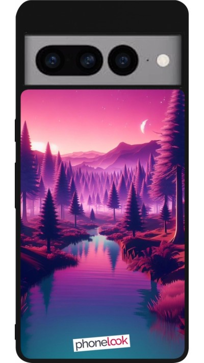 Coque Google Pixel 7 Pro - Silicone rigide noir Paysage Violet-Rose