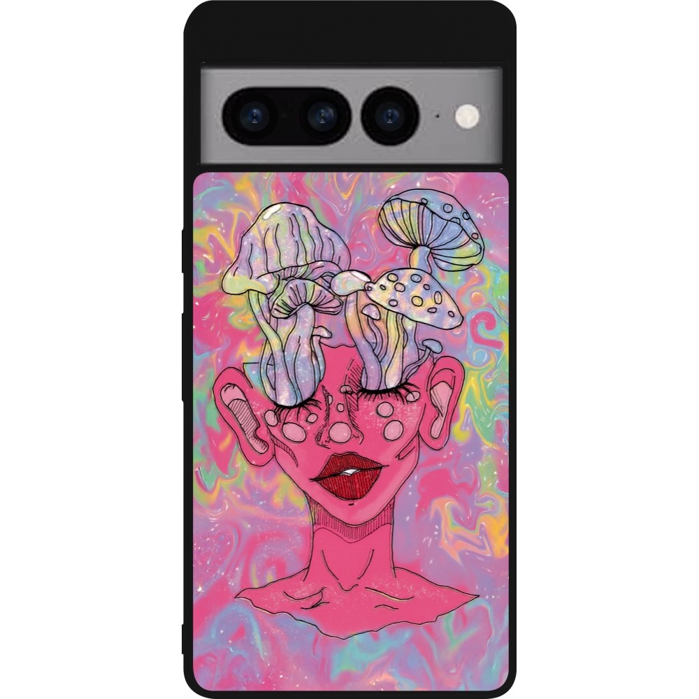 Google Pixel 7 Pro Case Hülle - Silikon schwarz Psychedelic pink mushroom