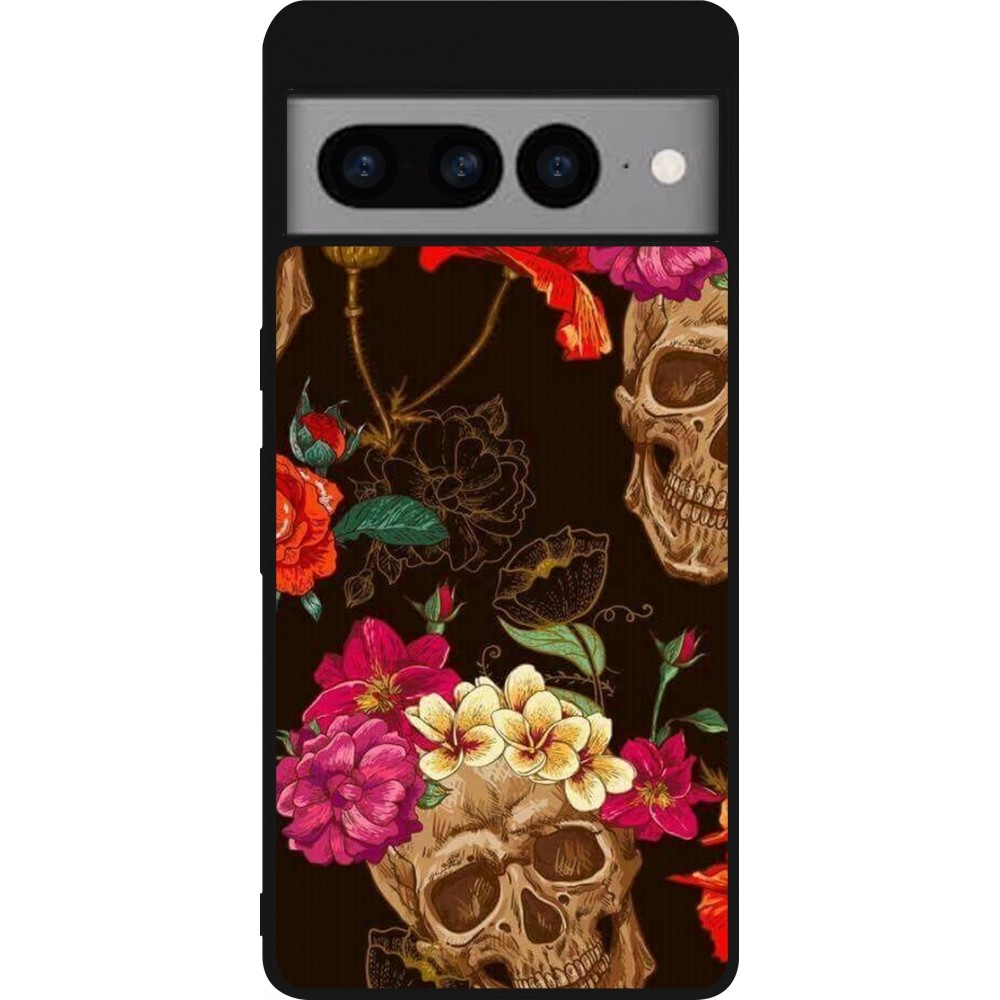 Google Pixel 7 Pro Case Hülle - Silikon schwarz Skulls and flowers