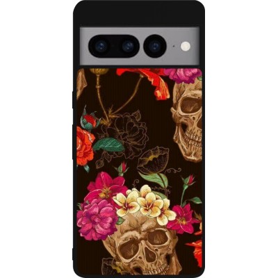 Google Pixel 7 Pro Case Hülle - Silikon schwarz Skulls and flowers