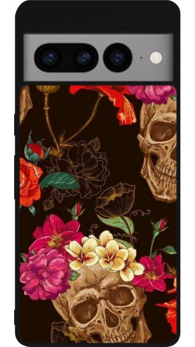 Google Pixel 7 Pro Case Hülle - Silikon schwarz Skulls and flowers